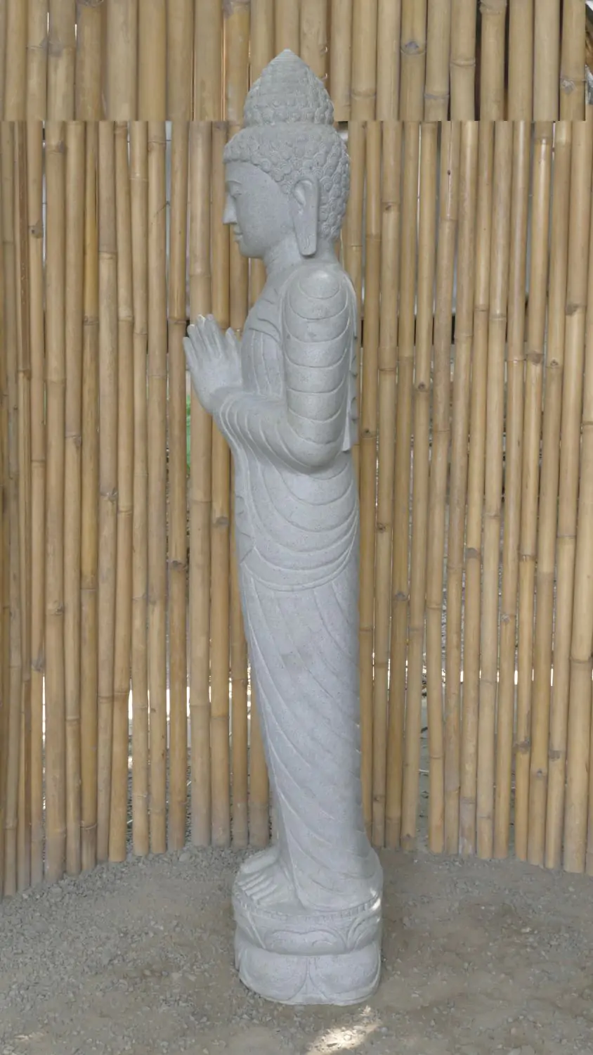  Product image 4 of the product “Standing Buddha made of Riverstone, position Namaskara , H. 185cm. There is a stone eye on the right thight. ”